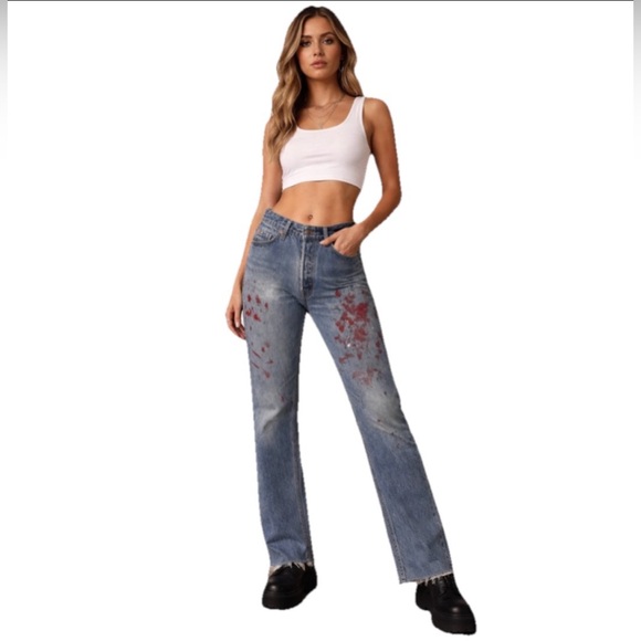 Re/Done Denim - REDONE Blue Relaxed Crop Red Paint Splatter Women’s Cotton Denim Jeans Size 24